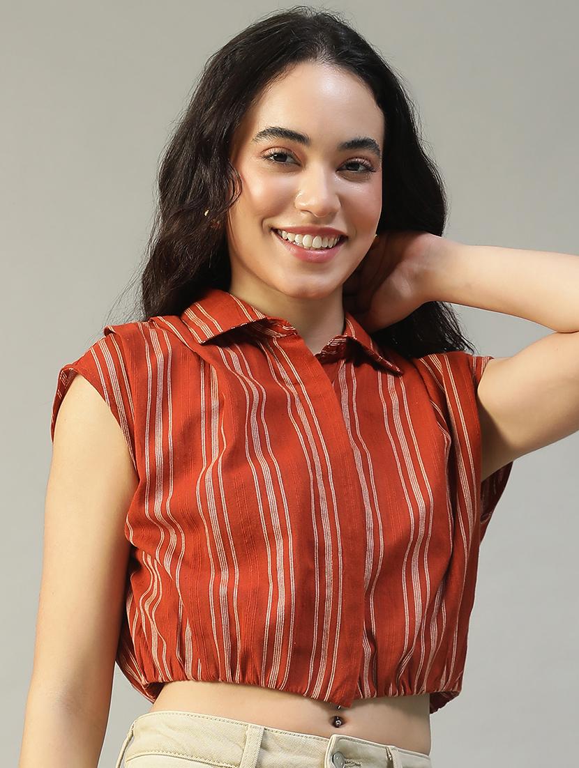 women striped collared sleeveless crop shirt - 22002409 - Standard Image - 3