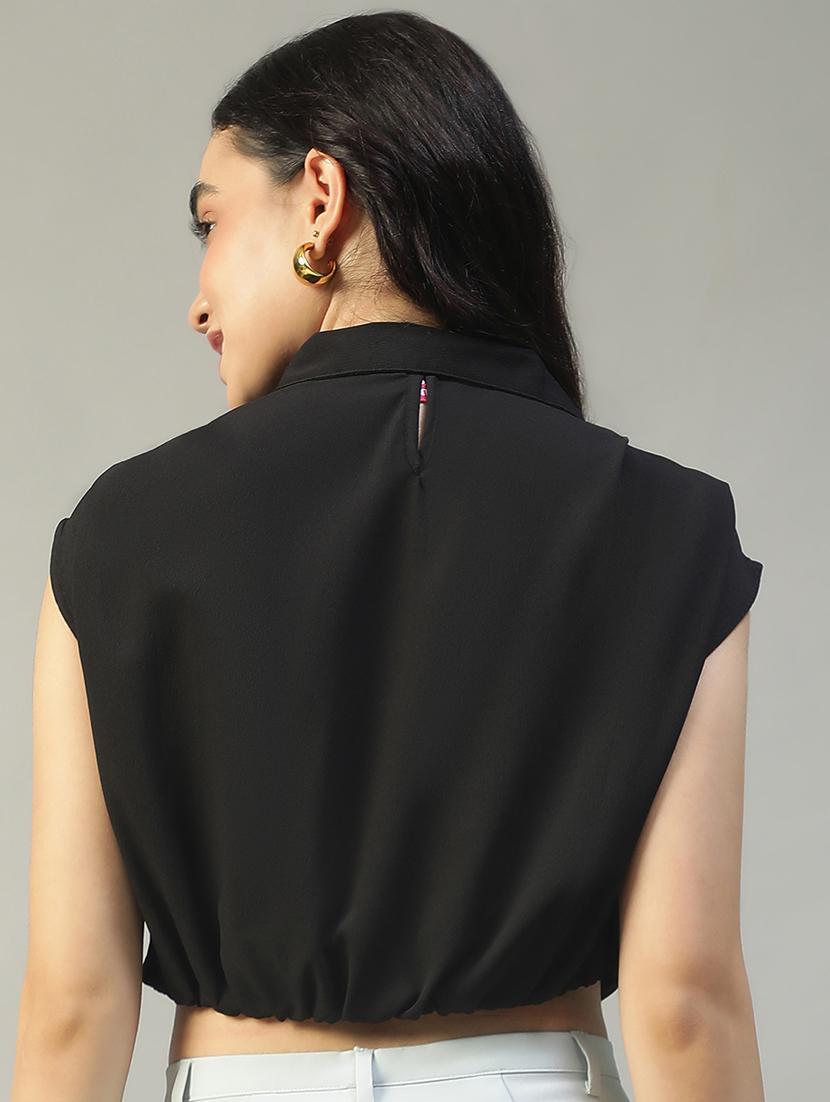 women solid collared sleeveless crop shirt - 22002410 - Standard Image - 3