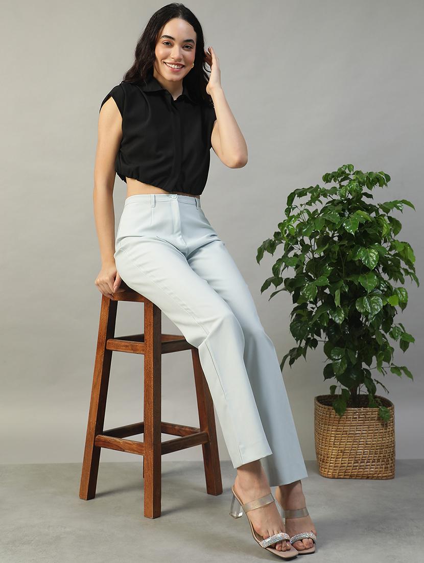 women solid collared sleeveless crop shirt - 22002410 - Standard Image - 5