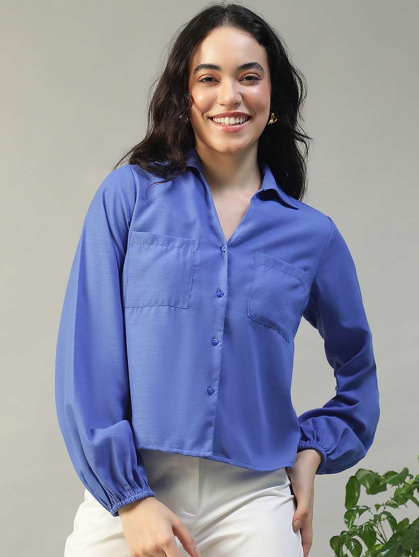 women blue solid puff sleeve regular shirt - 22002411 -  Zoom Image - 0