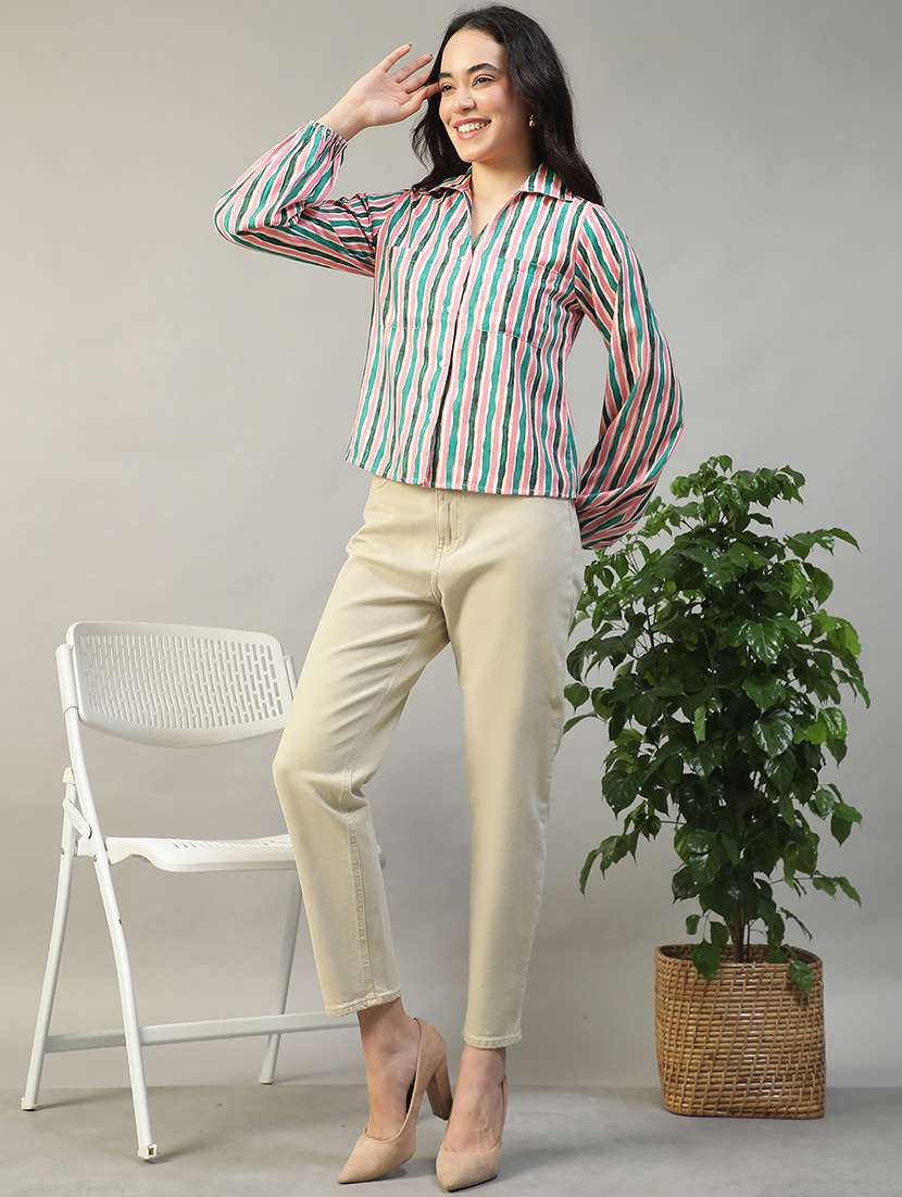 women striped collared puff sleeve regular shirt - 22002413 -  Standard Image - 5