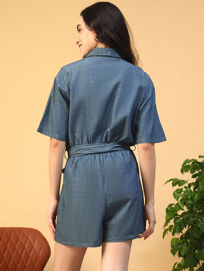 women solid collared short sleeve romper - 22002414 -  Standard Image - 3