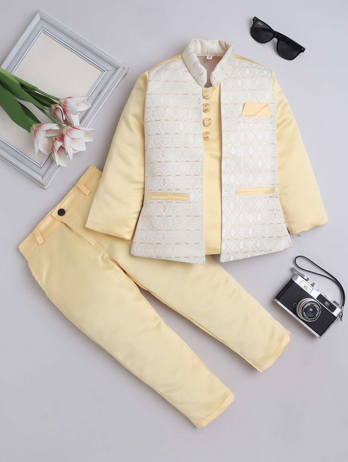 boys self designed long sleeve blazer and trouser set