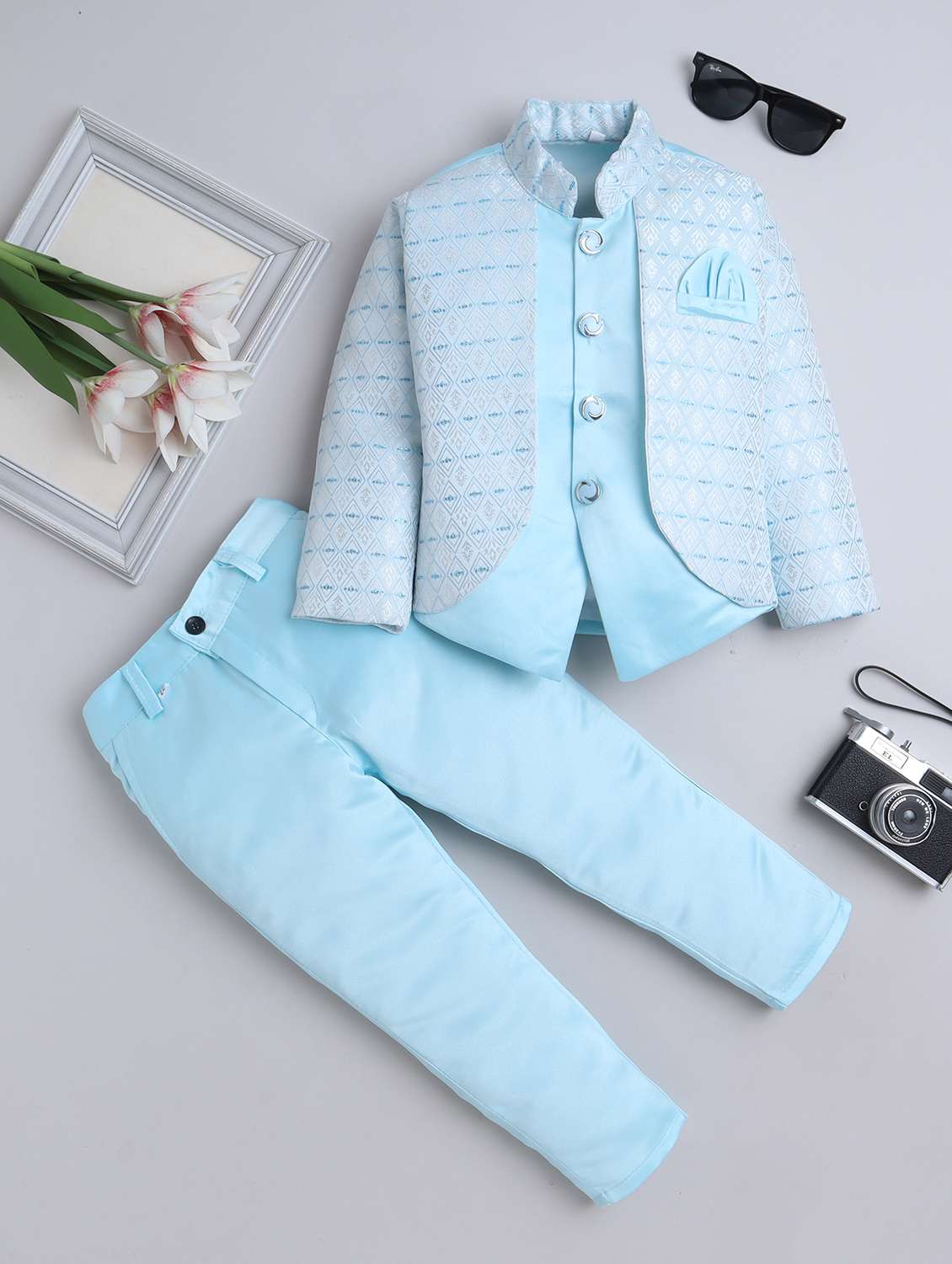 boys self designed long sleeve blazer and trouser set
