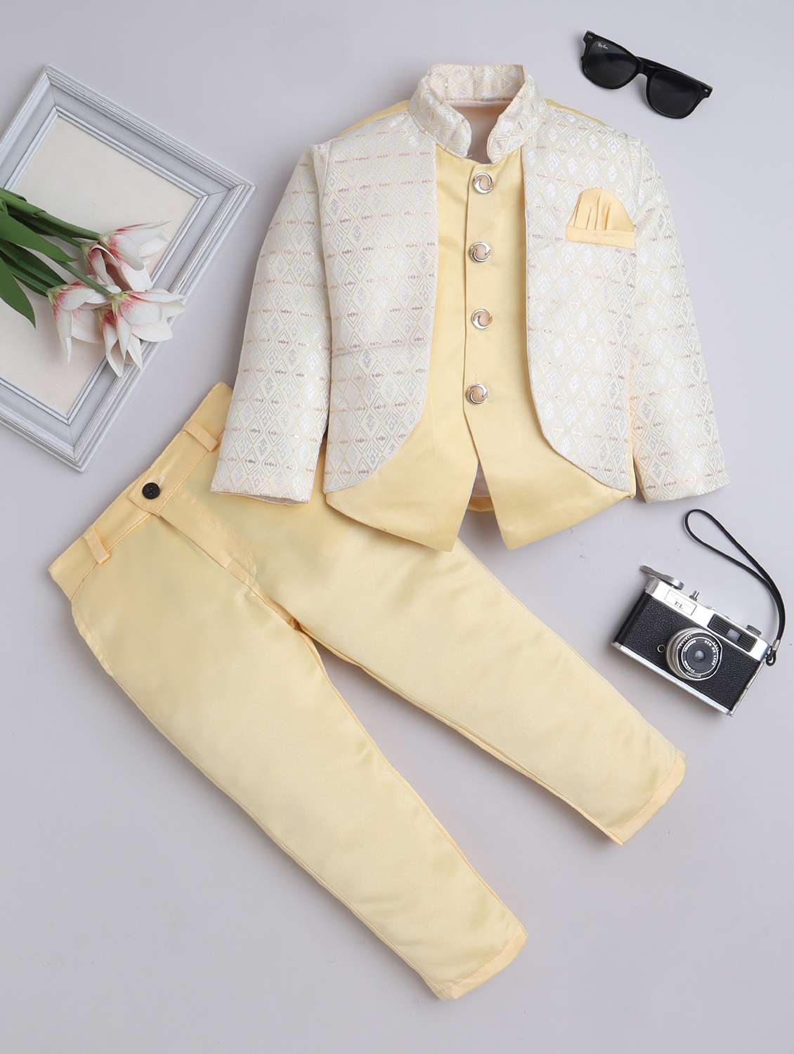 boys self designed long sleeve blazer and trouser set