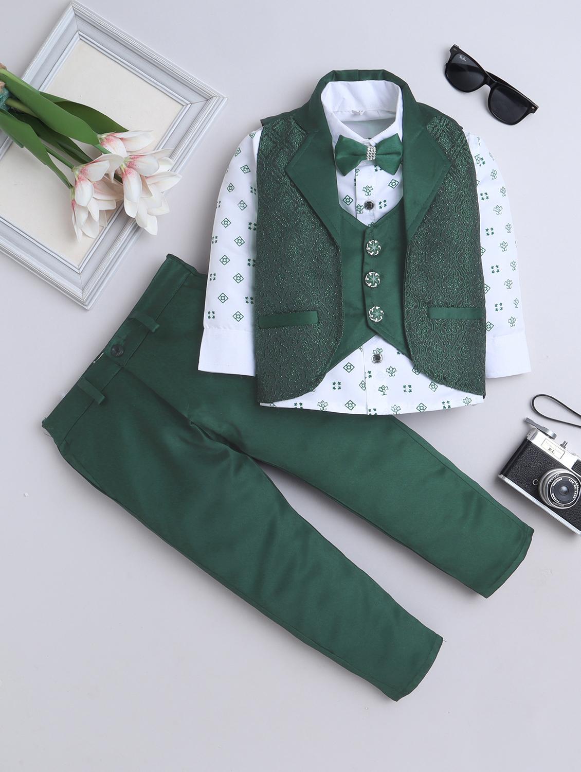 green polyester suit sets twin sets & boys printed shirt and trouser with waistcoat