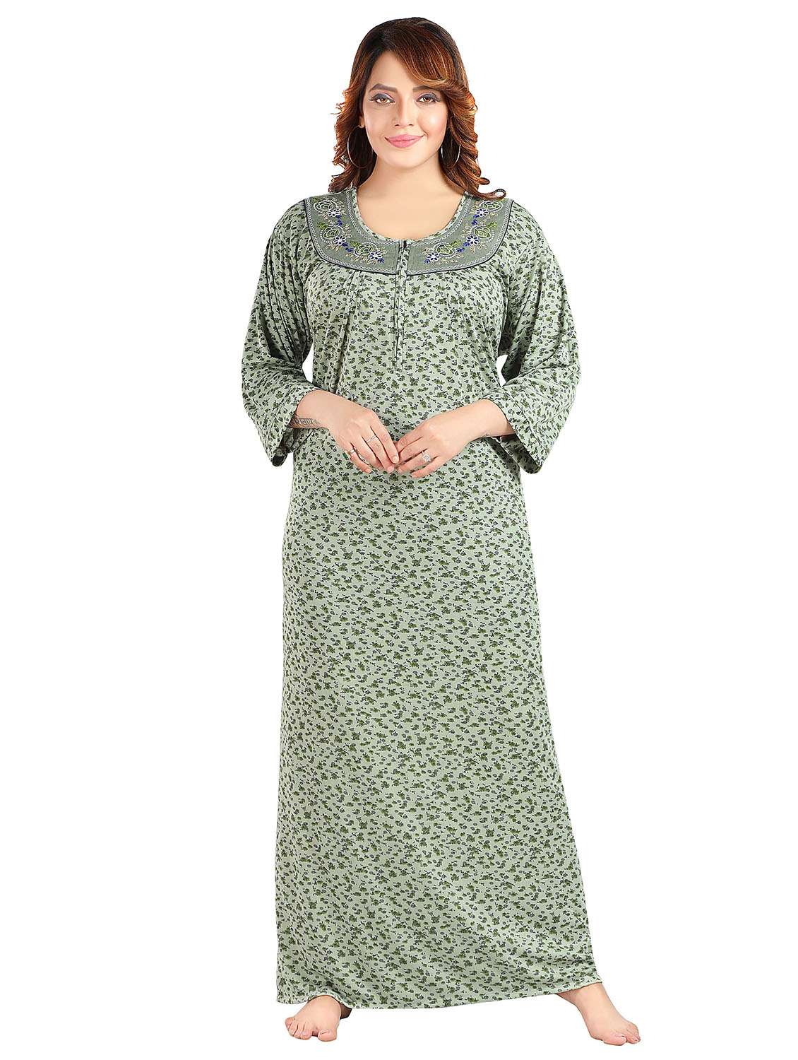 women printed three quarter sleeve nighty - 22002532 -  Standard Image - 3