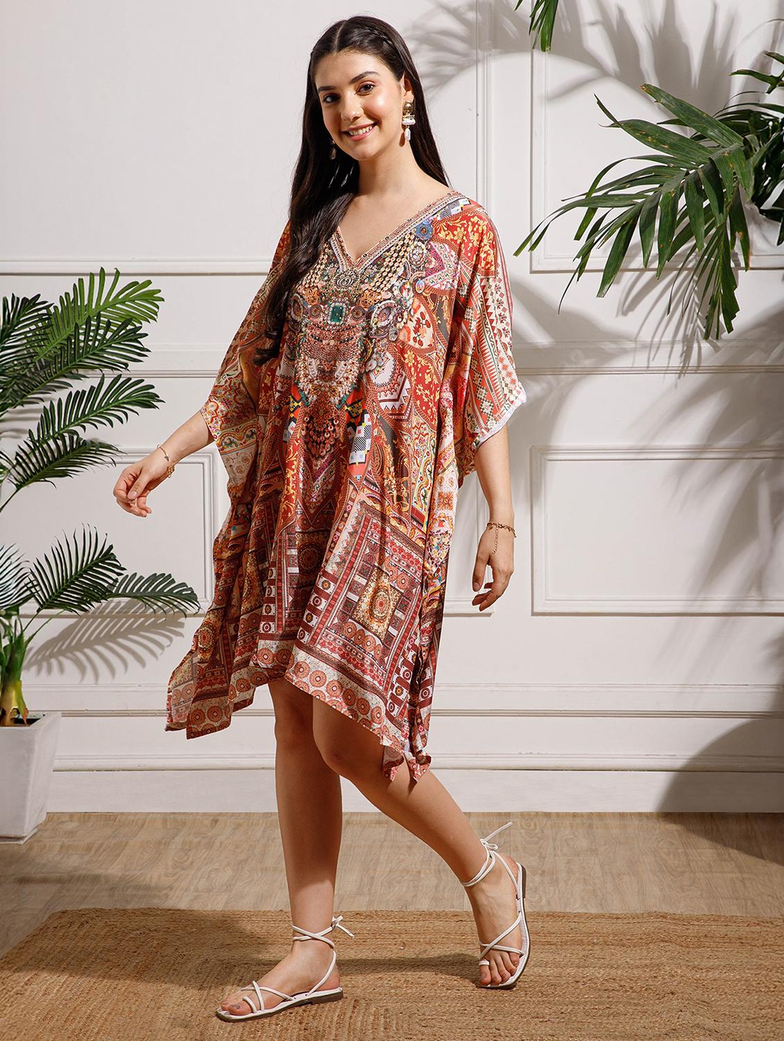 women printed kimono sleeve kaftan dress - 22002650 - Standard Image - 3