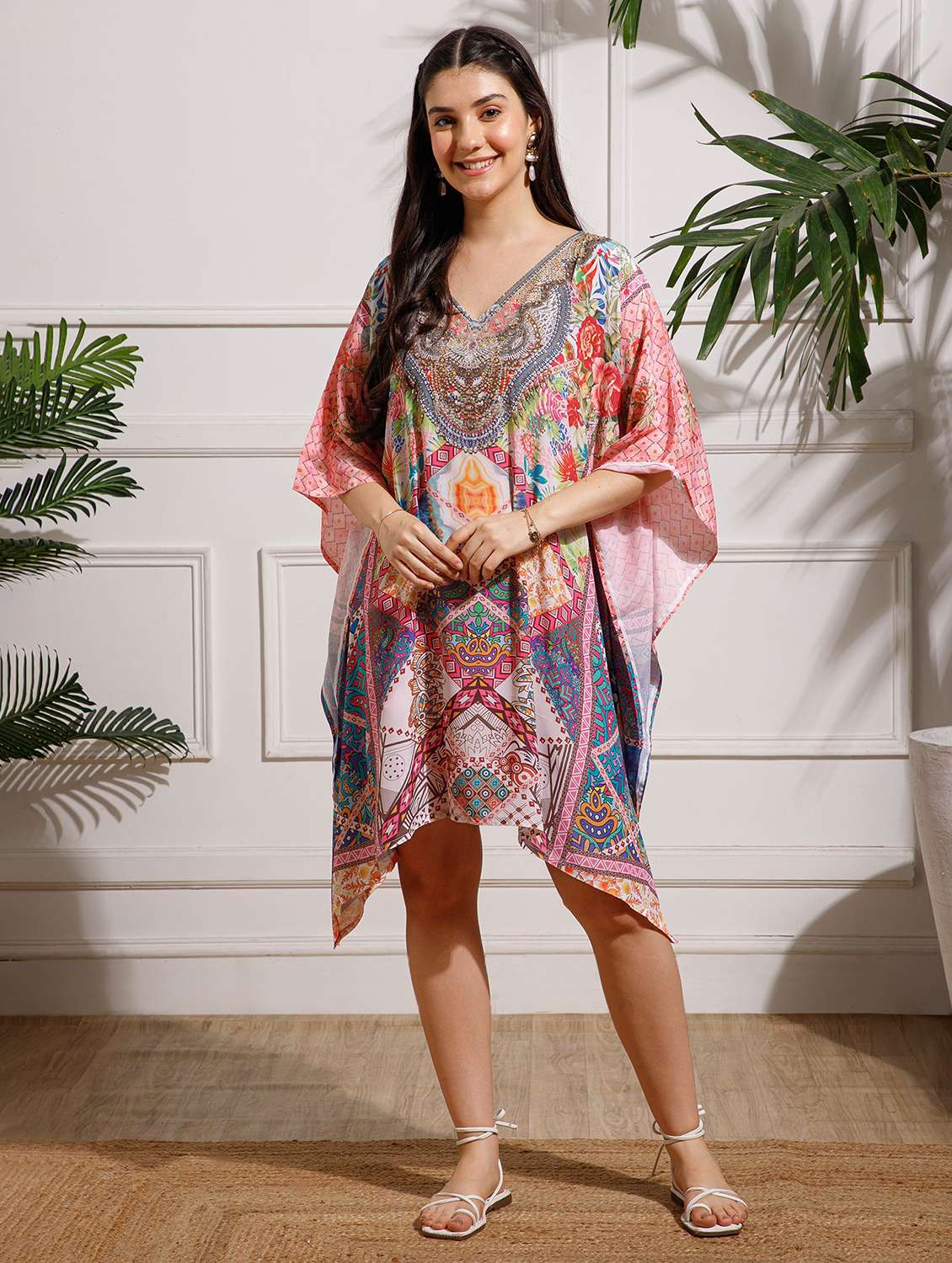 women printed kimono sleeve kaftan dress