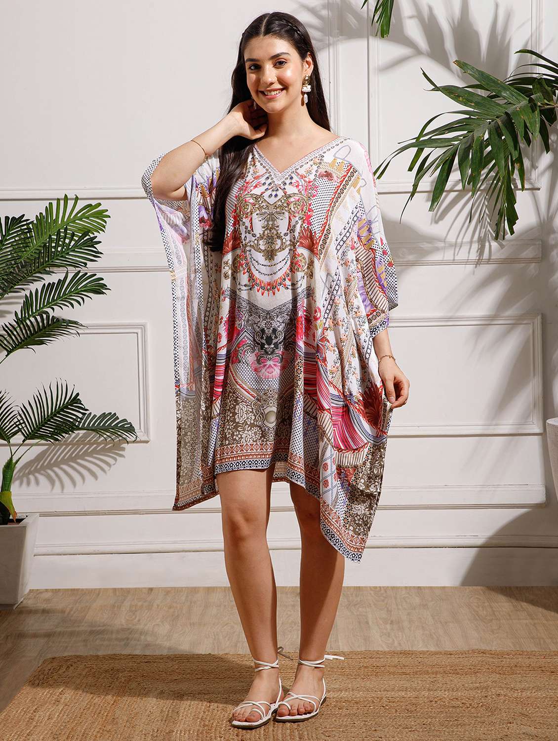 women printed kimono sleeve kaftan dress