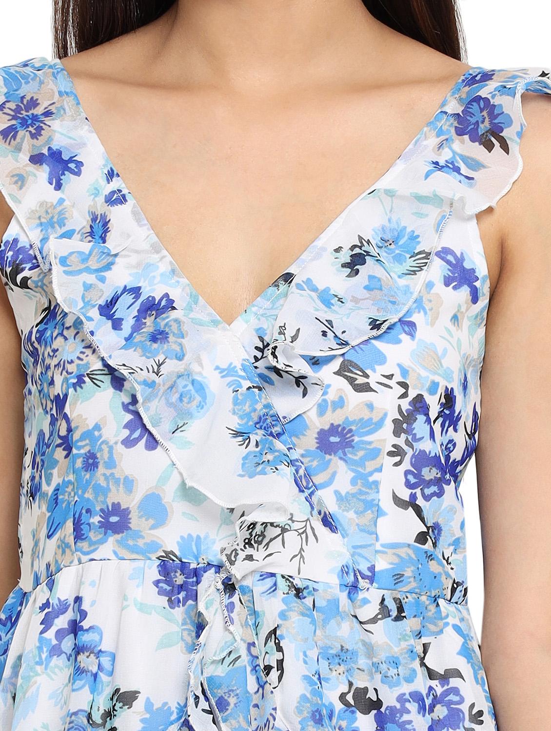 women blue floral printed sleeveless tiered dress - 22002943 - Standard Image - 5