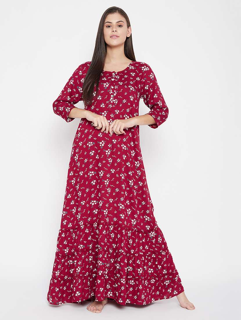 women floral print round neck tiered nighty
