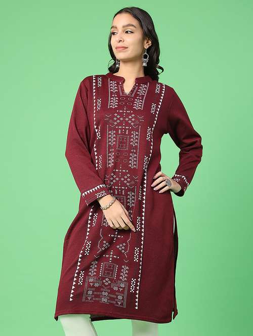 women self designed long sleeve woolen kurta - 22003448 -  Standard Image - 0