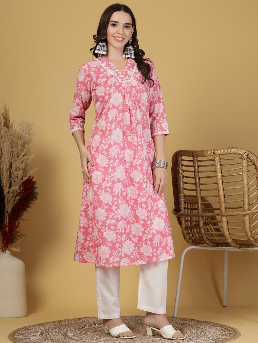 women floral printed three quarter sleeve kurta pant set