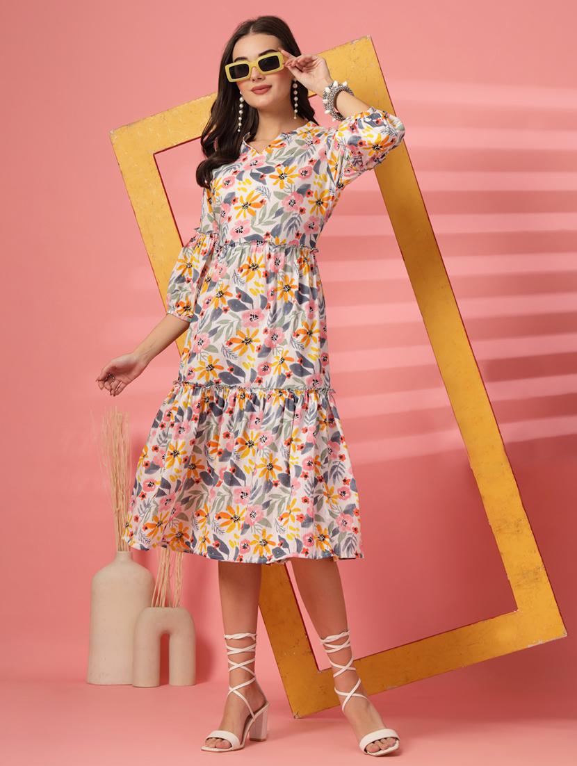 women floral printed three quarter sleeve tiered dress - 22003635 - Zoom Image - 0