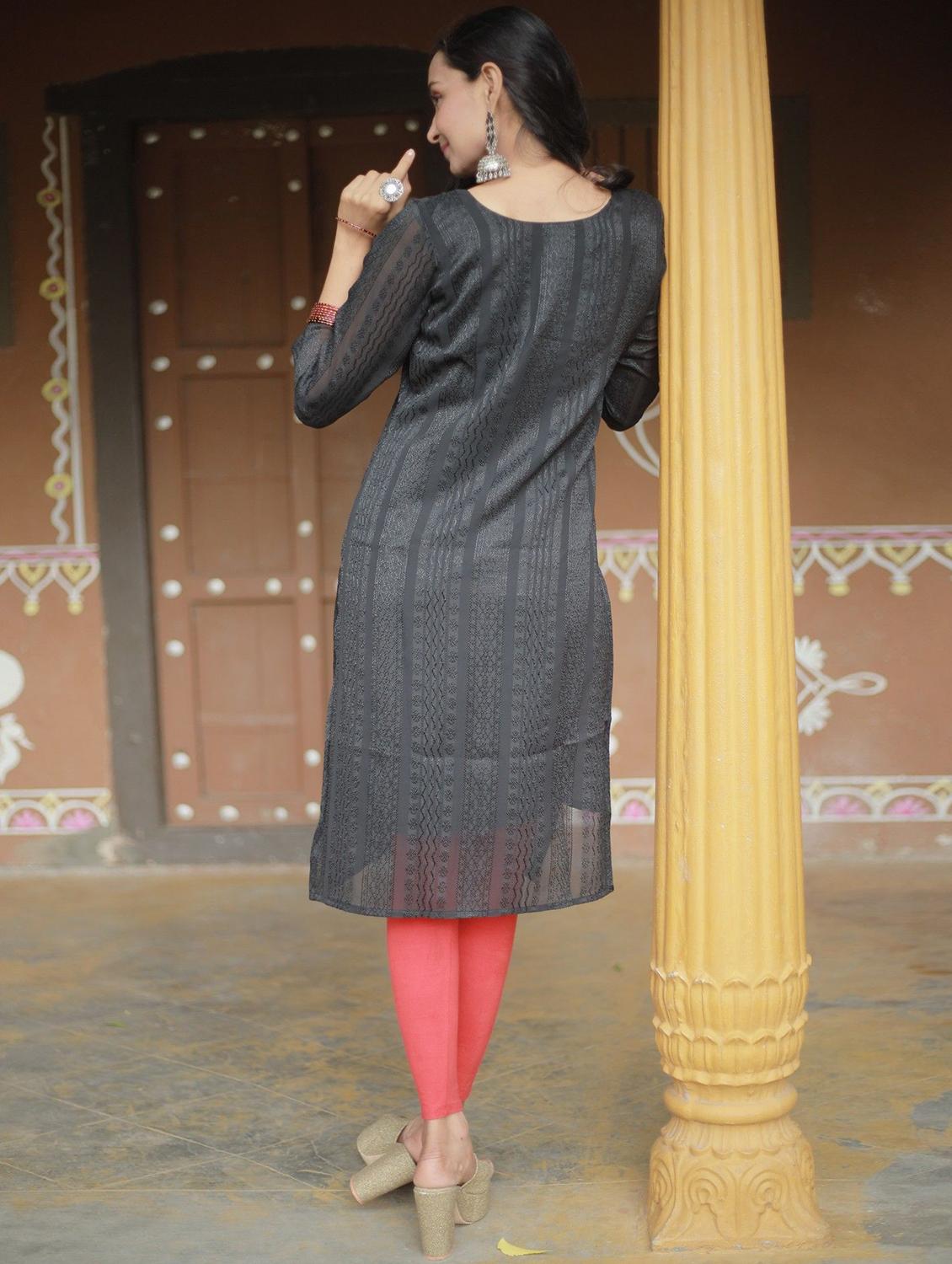 women self design three quarter sleeve straight kurta - 22003721 - Standard Image - 3