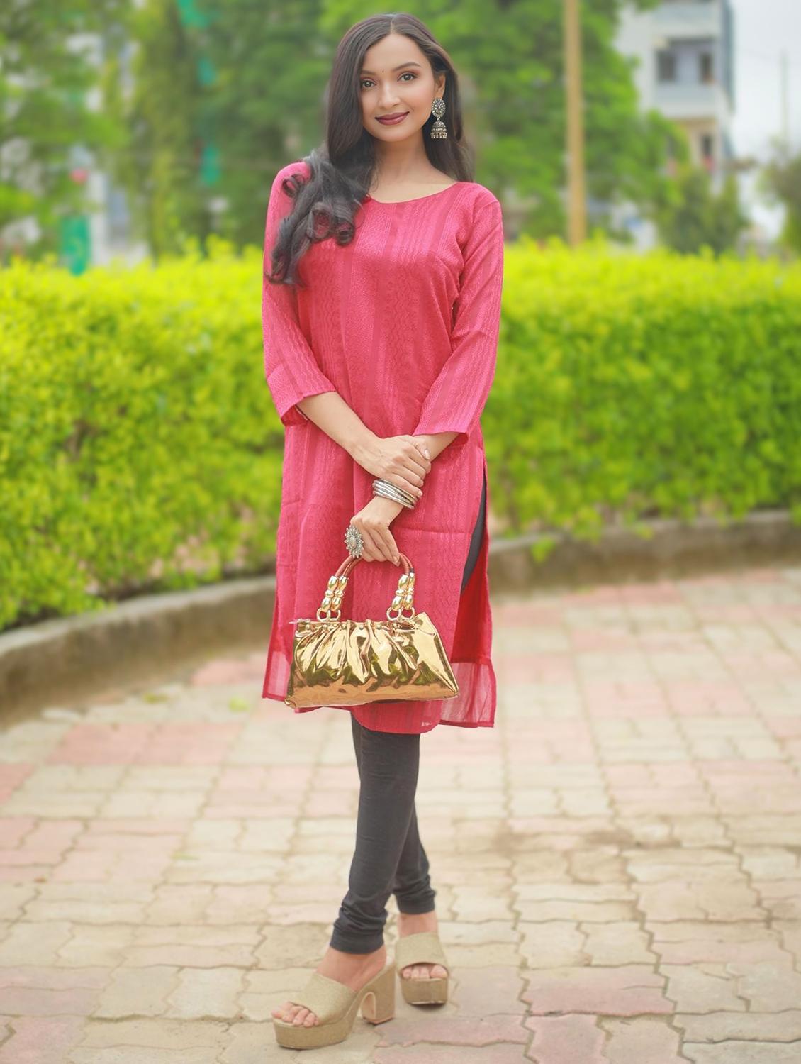 women self design three quarter sleeve straight kurta