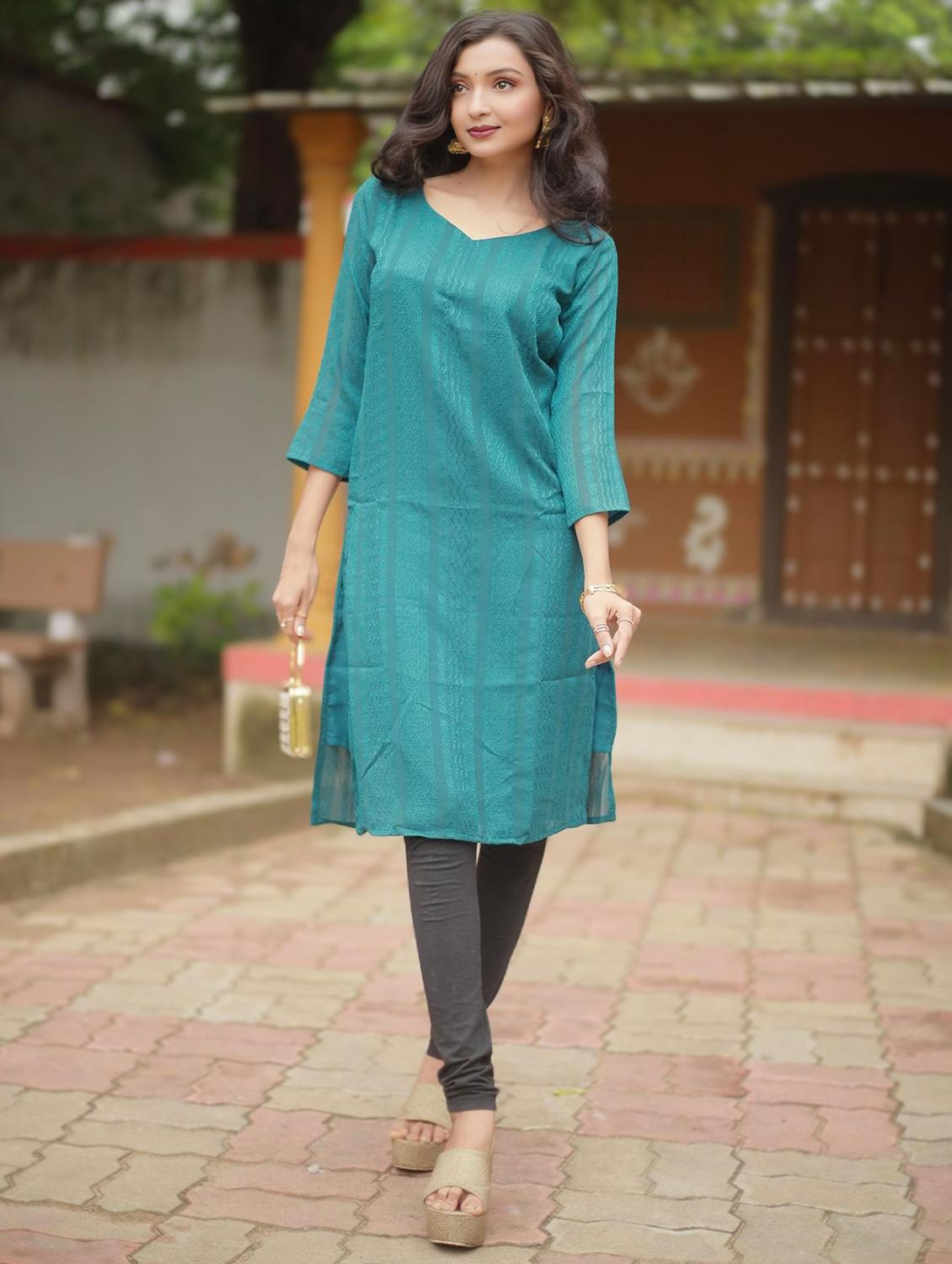 women self design three quarter sleeve straight kurta