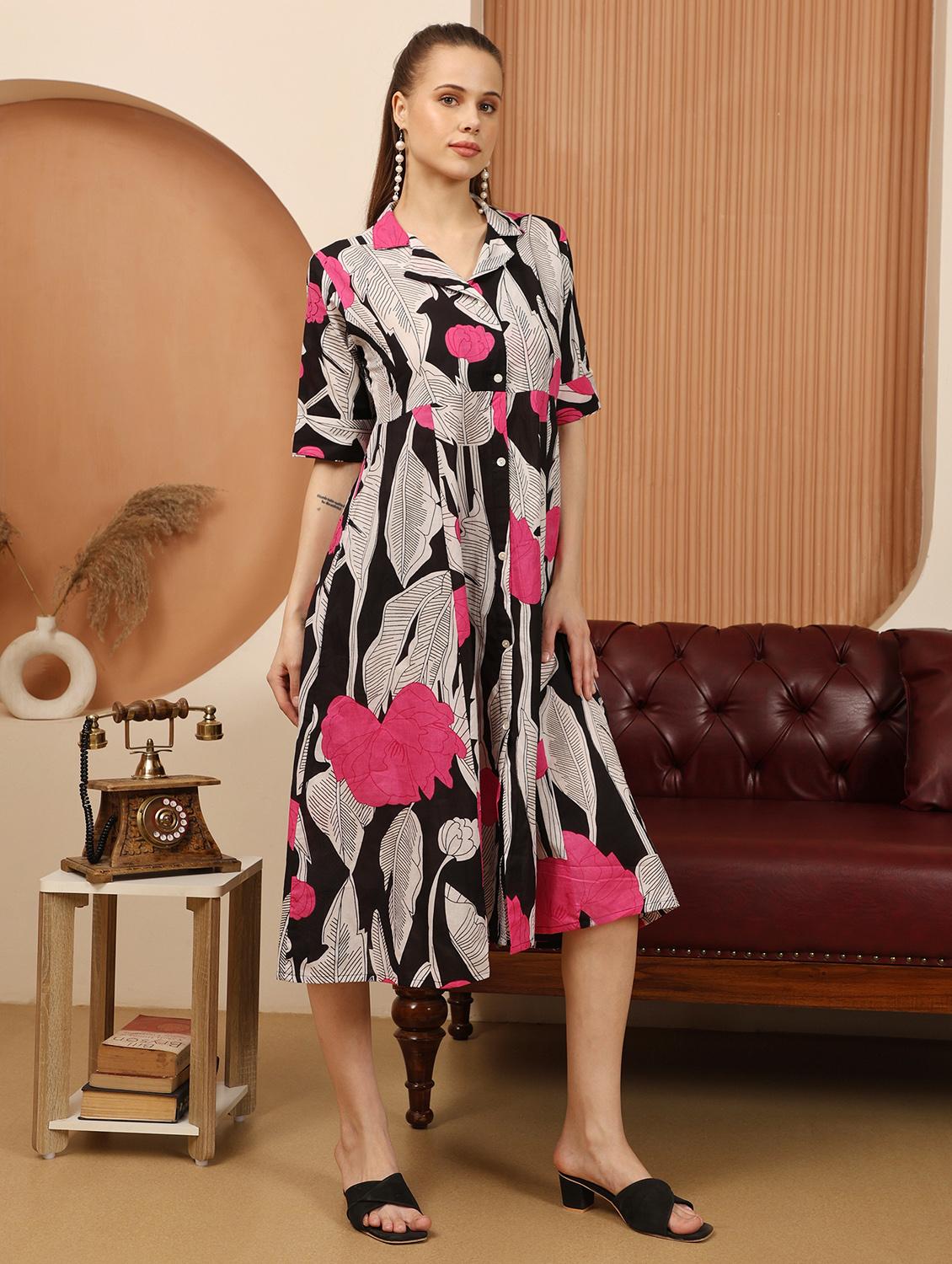 women printed lapel collar short sleeve shirt dress