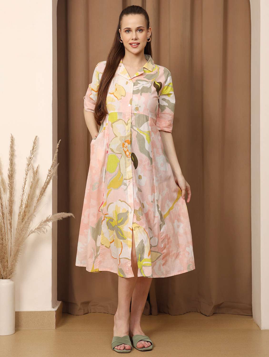 women printed lapel collar shorts sleeve shirt dress - 22003750 - Standard Image - 3