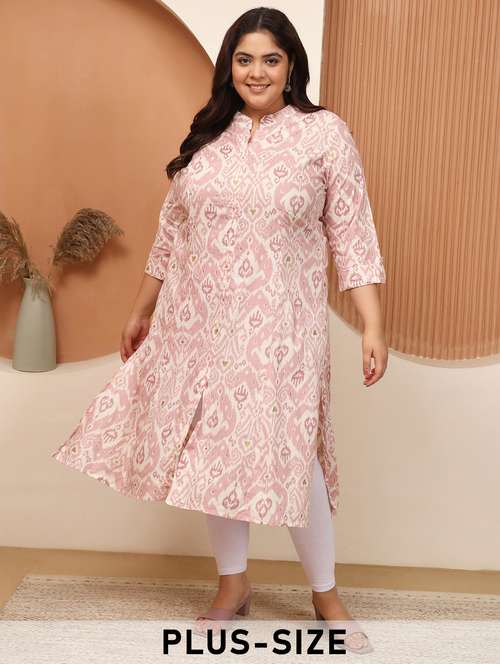 women plus size ikat printed three quarter sleeve a-line kurta - 22003768 - Standard Image - 0