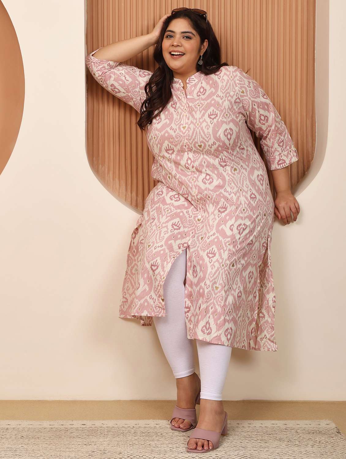 women plus size ikat printed three quarter sleeve a-line kurta - 22003768 - Standard Image - 3