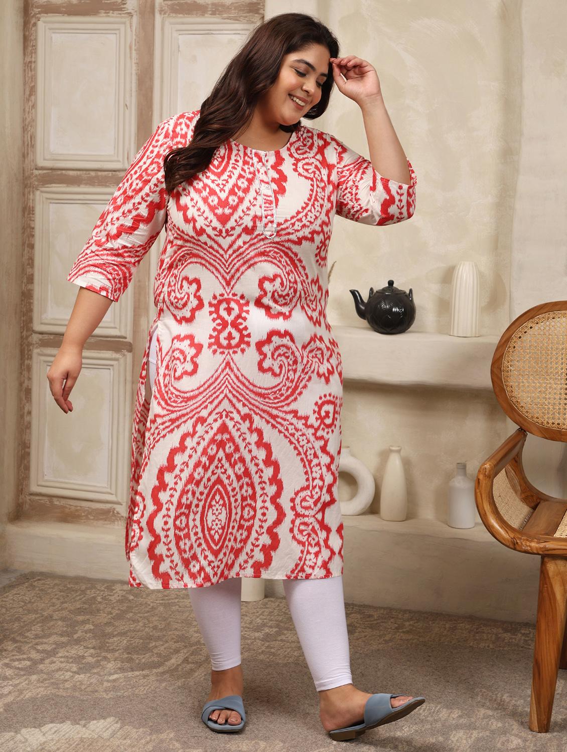 women plus size ikat printed three quarter sleeve straight kurta - 22003769 - Standard Image - 3