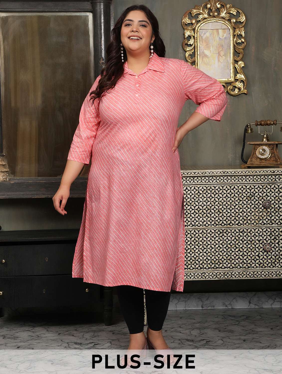women plus size striped three quarter sleeve straight kurta - 22003776 - Zoom Image - 0