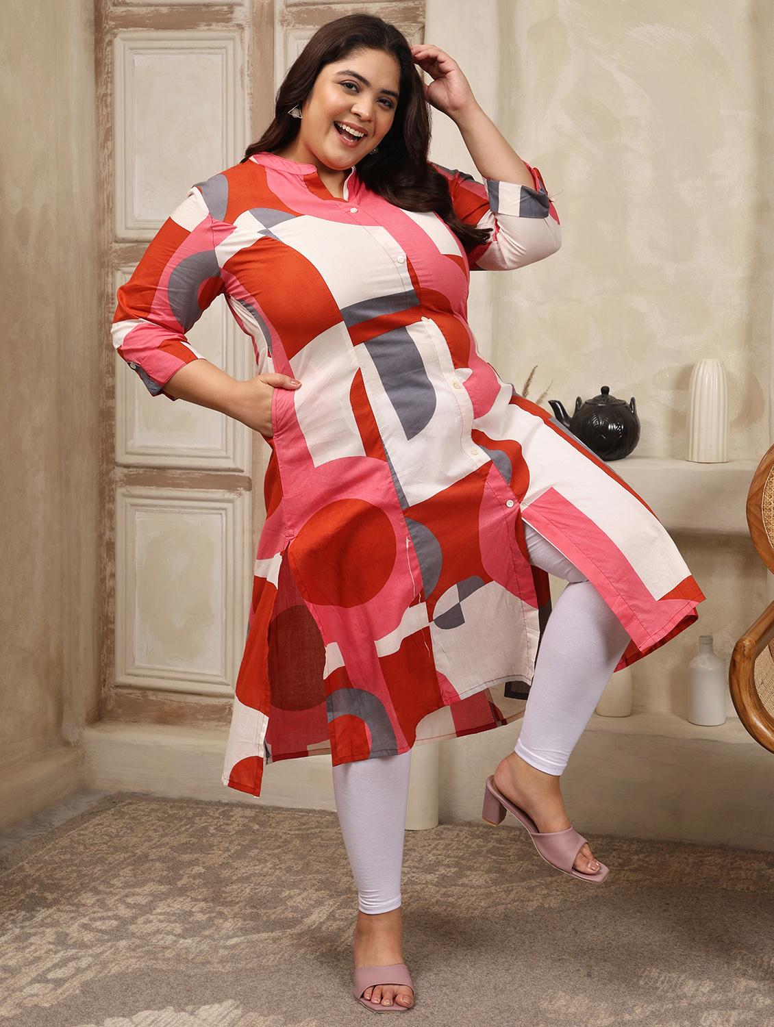 women plus size geometric printed three quarter sleeve a-line kurta - 22003781 - Standard Image - 3