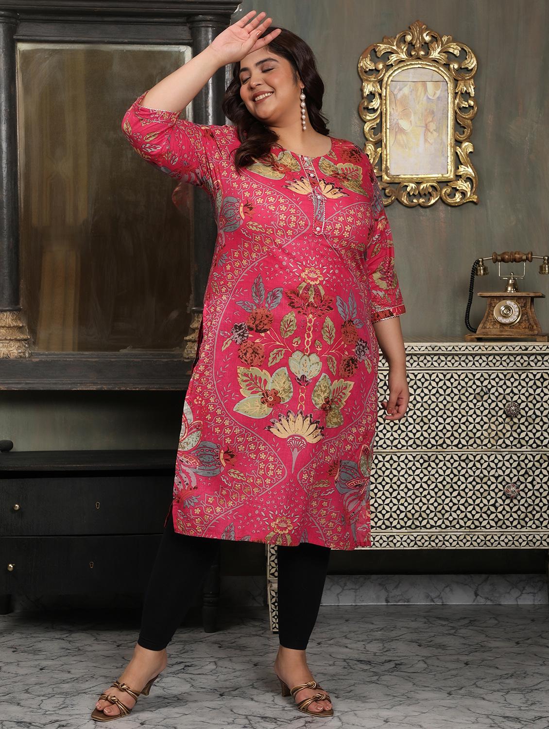 women plus size printed three quarter sleeve straight kurta - 22003785 - Standard Image - 3