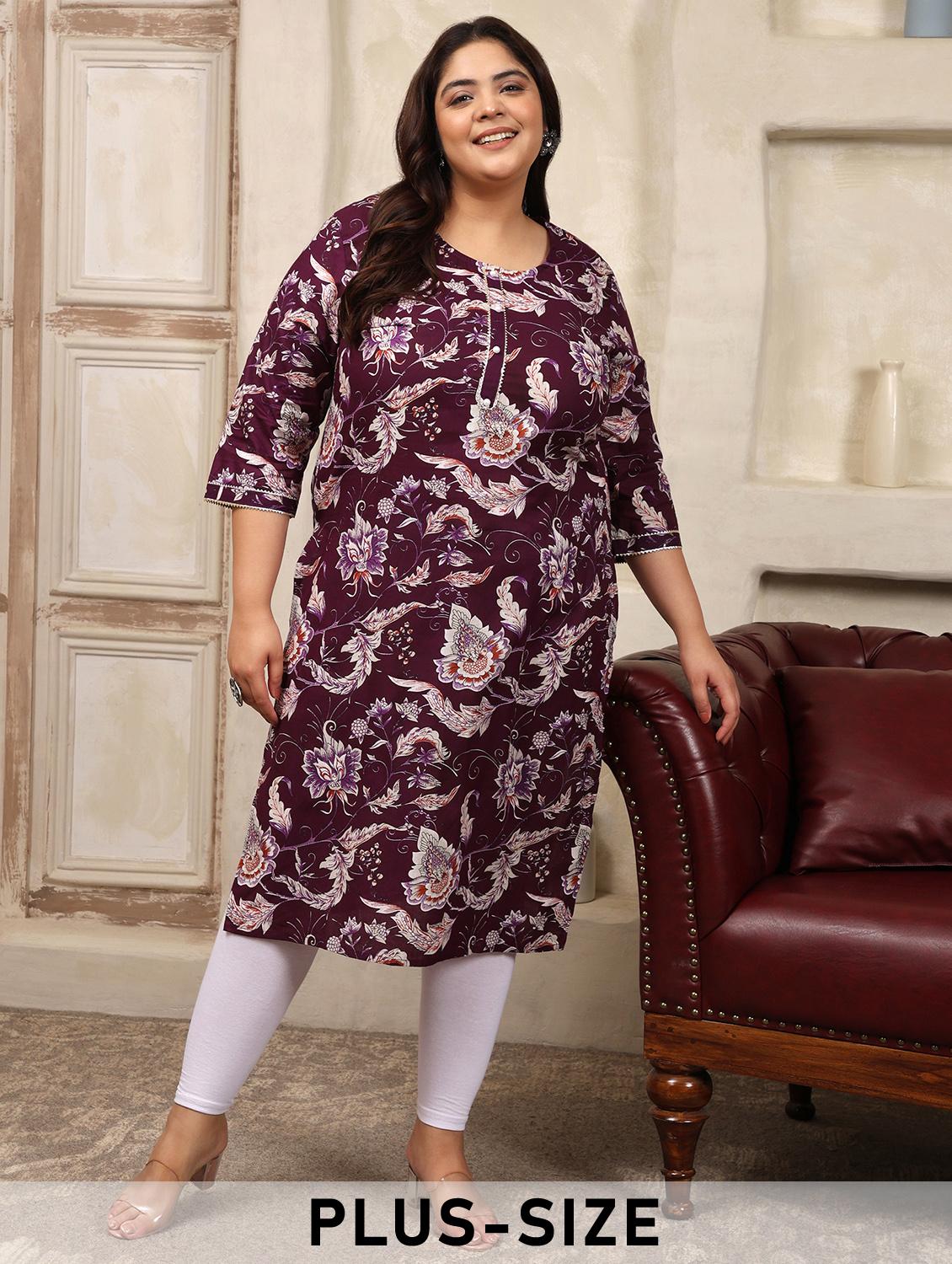 women plus size floral printed three quarter sleeve straight kurta