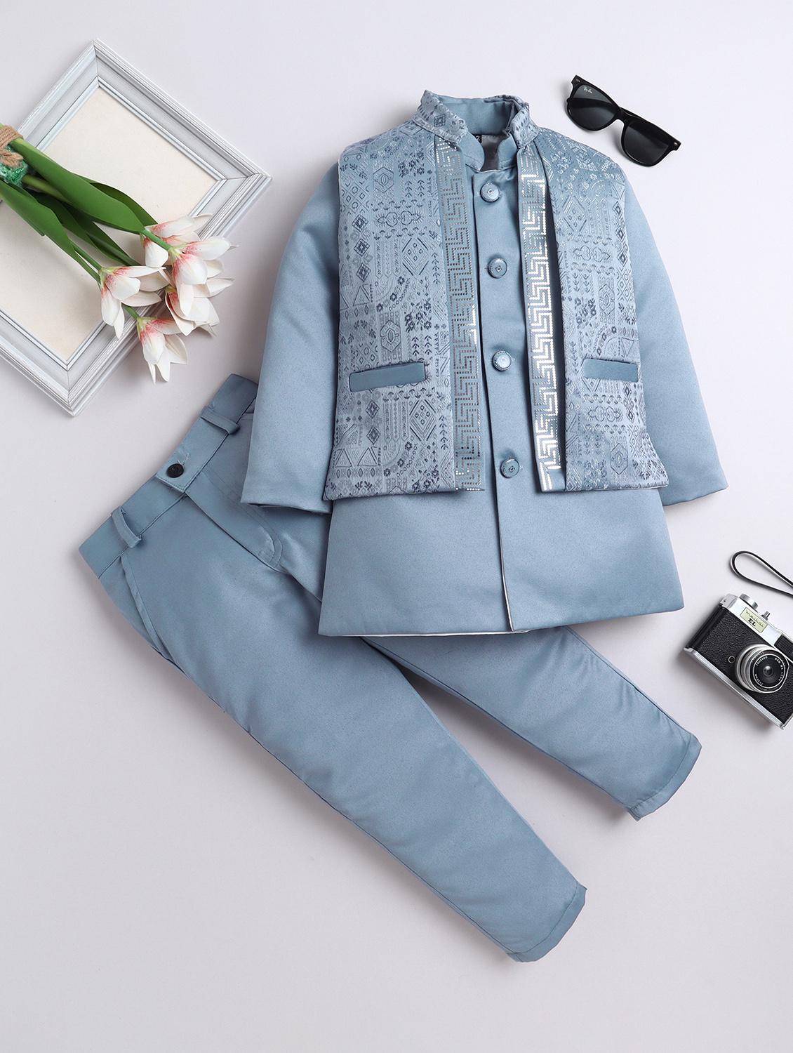 boys kurta and trouser with embroidered nehru jacket - 22003801 - Zoom Image - 0