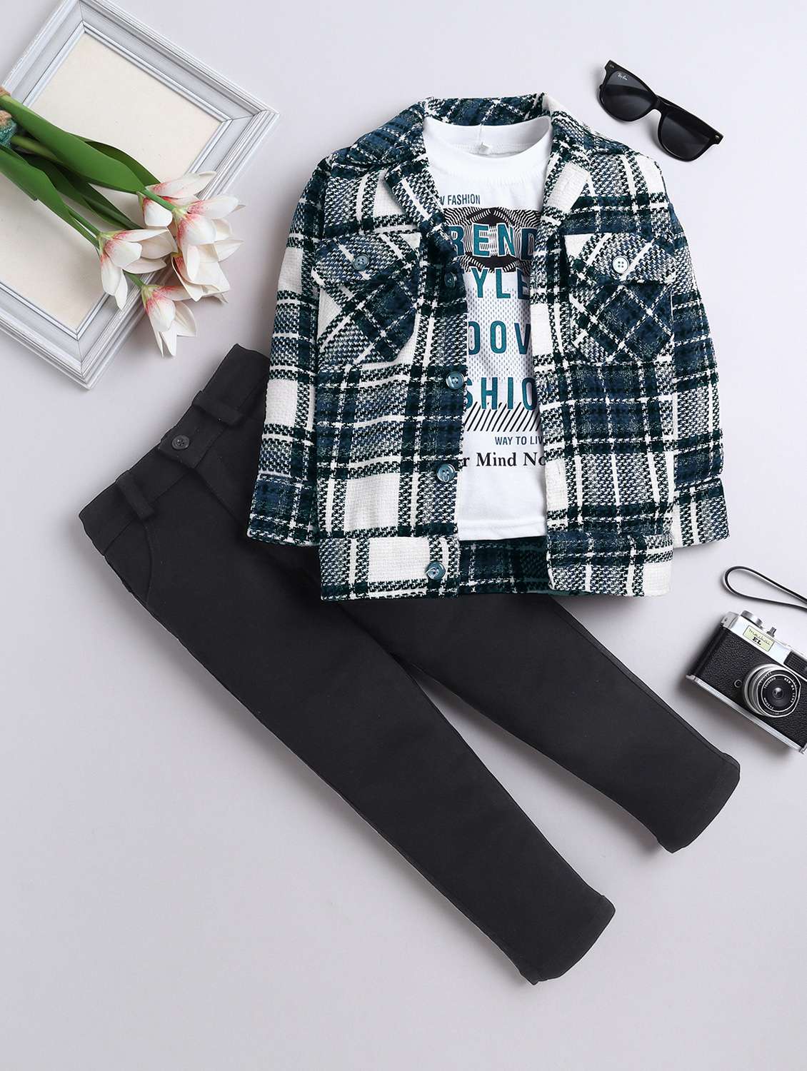 boys checkered shirt and trouser with t-shirt