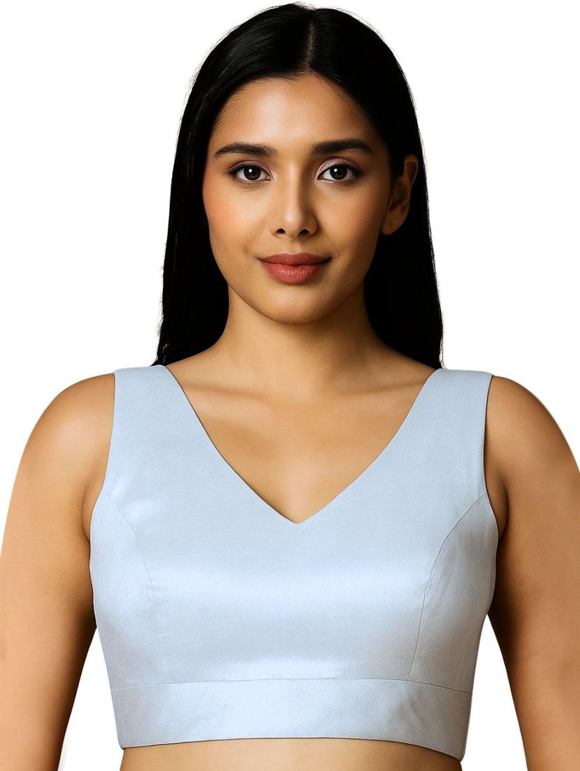 women solid v-neck sleeveless stitched blouse
