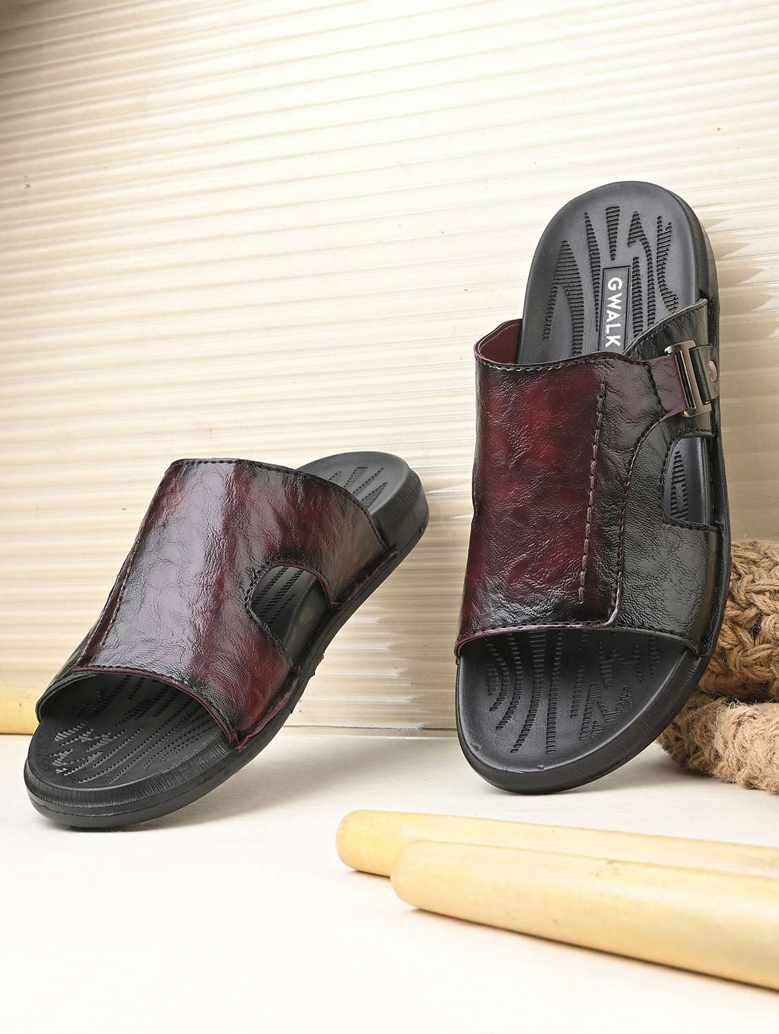 men burgundy slip on sandal