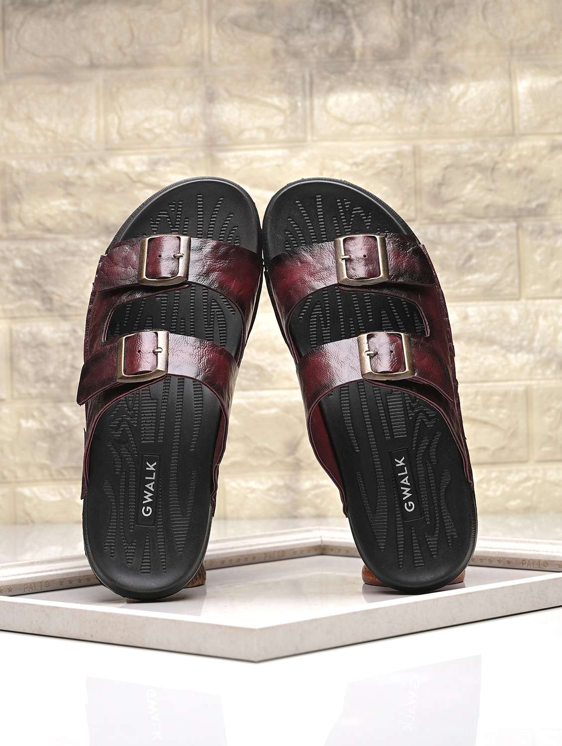 men burgundy slip on sandal