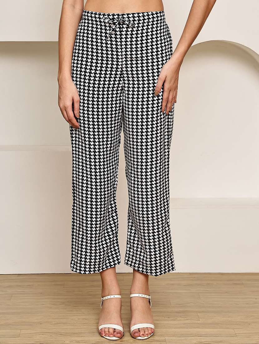 women houndstooth printed mid rise ankle length straight trouser