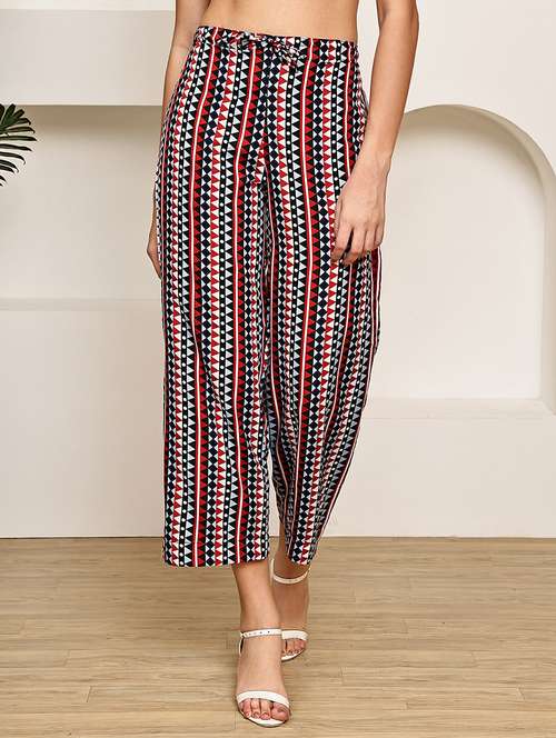 women geometric printed mid rise ankle length straight trouser - 22003954 - Standard Image - 0