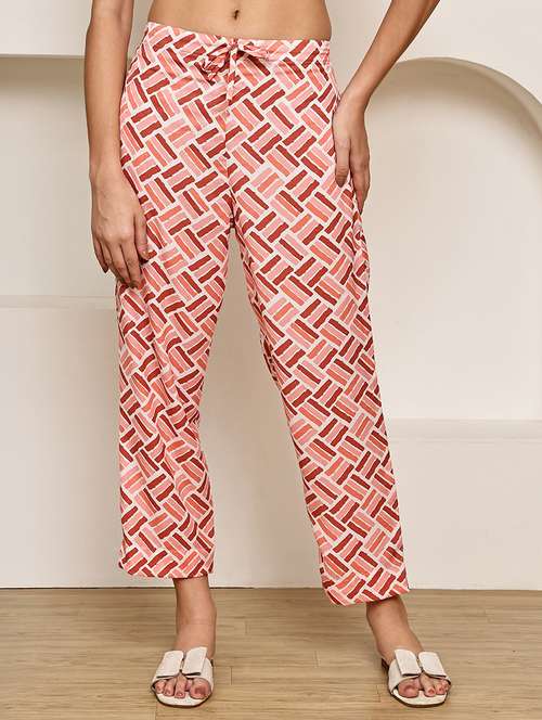 women printed mid rise ankle length straight trouser - 22003960 - Standard Image - 0