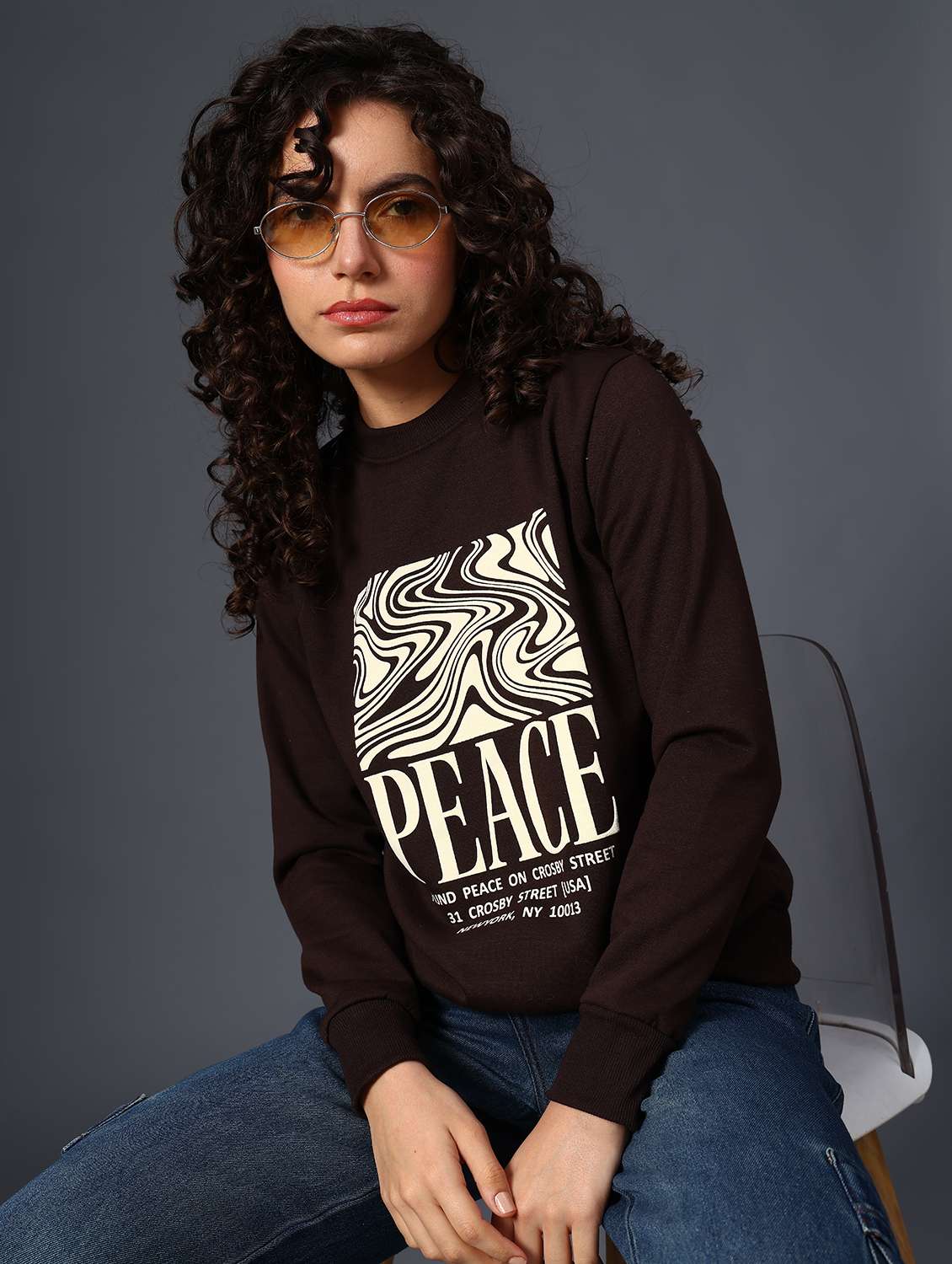 brown fleece chest print sweatshirt - 22004071 -  Zoom Image - 0