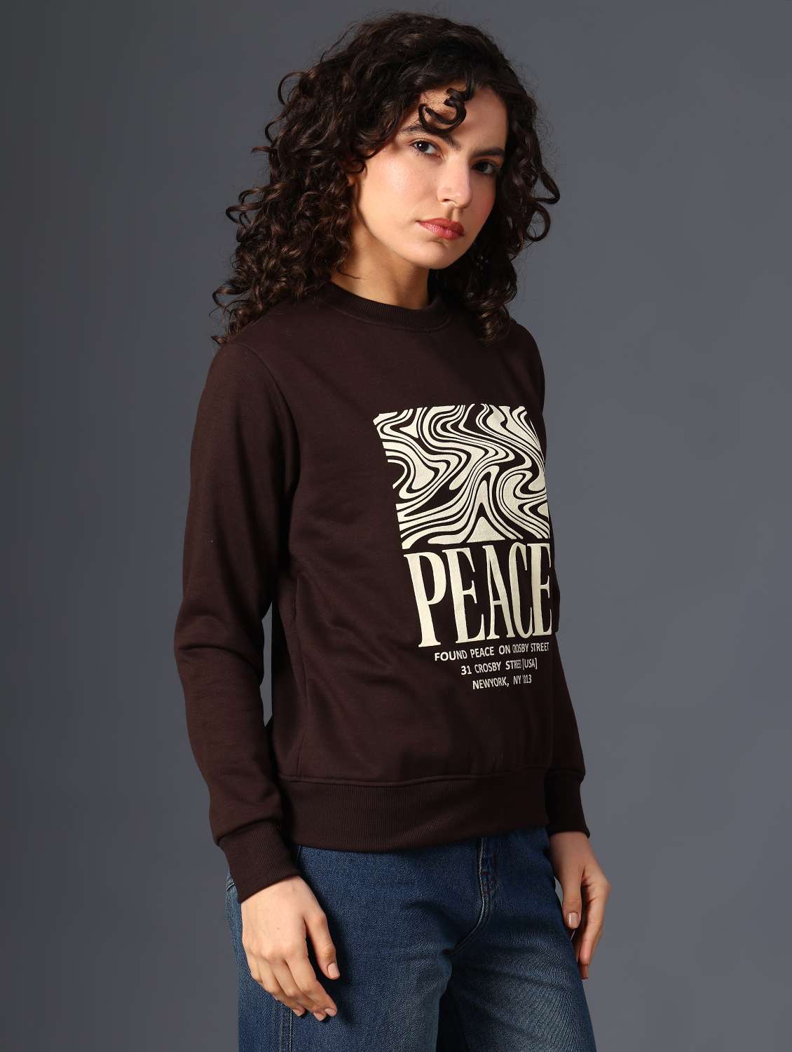 brown fleece chest print sweatshirt - 22004071 -  Standard Image - 3