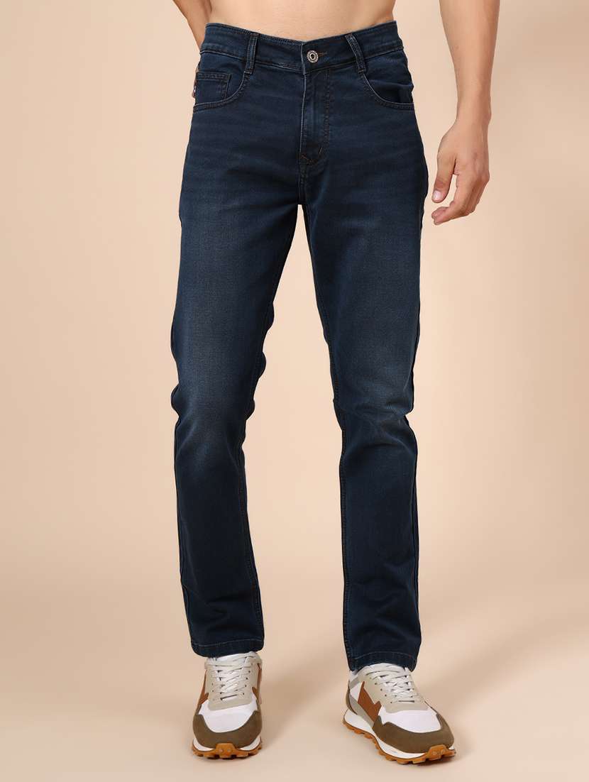 men washed mid rise full length jean