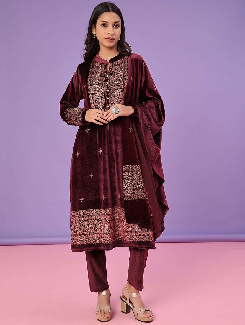 women printed long sleeve kurta pant with dupatta set