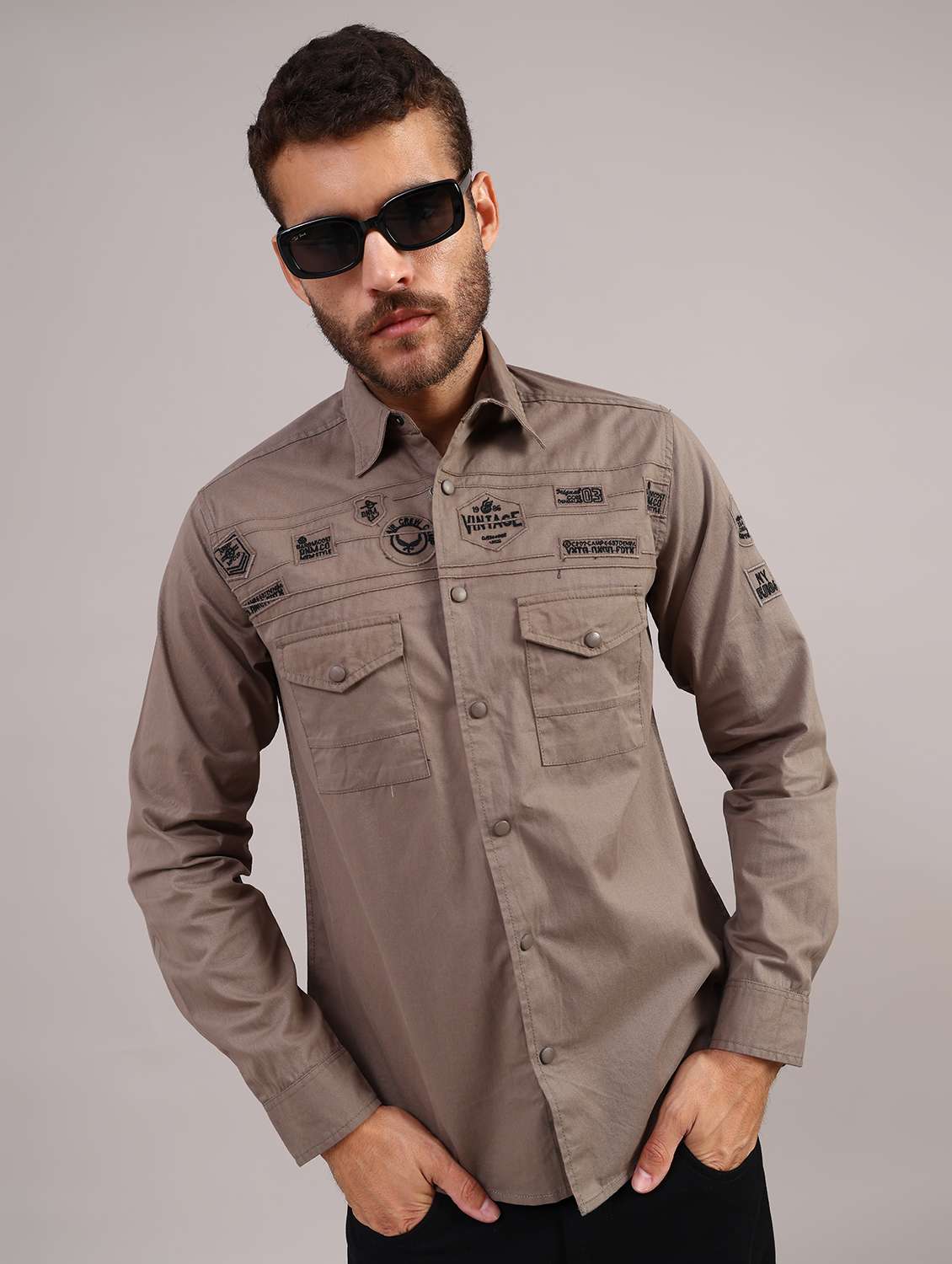 men solid collared long sleeve shirt