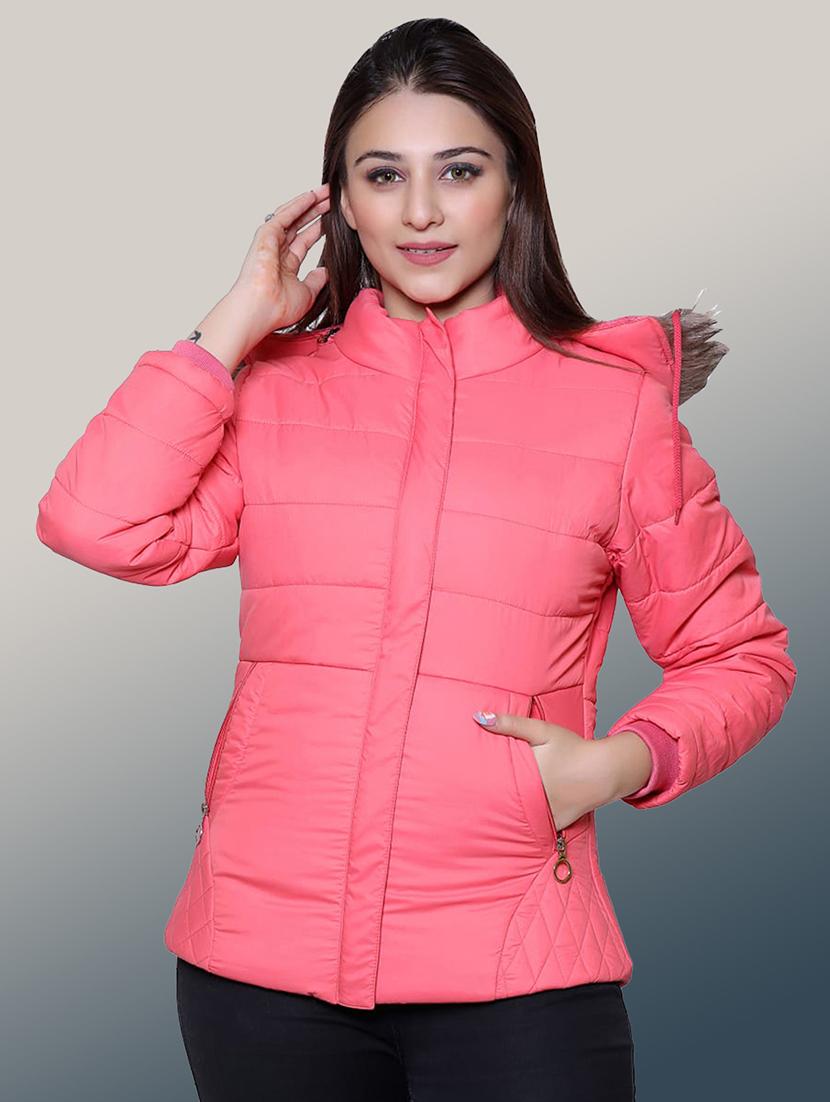 women solid long sleeve hooded quilted jacket