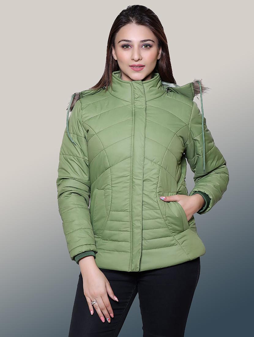 women solid long sleeve hooded quilted jacket