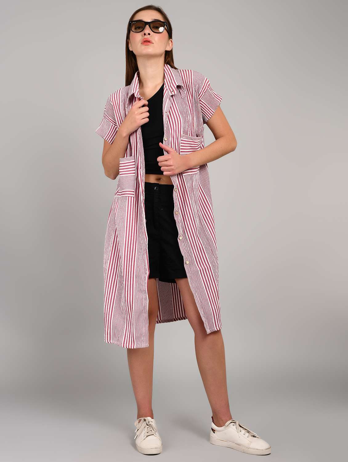 women striped short sleeve relaxed fit shirt dress