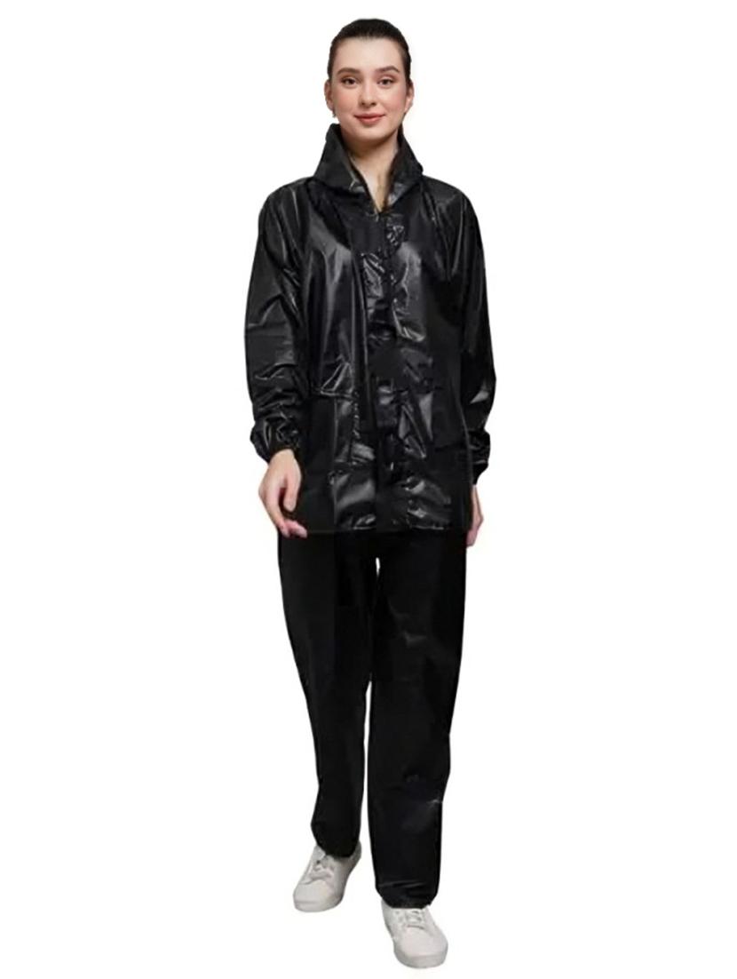 women black solid hooded rain suit
