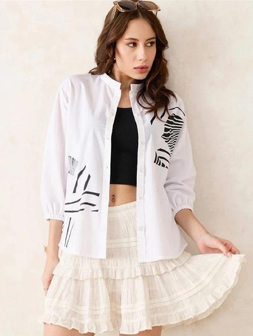 women white printed mandarin collar high low shirt - 22004453 - Standard Image - 0
