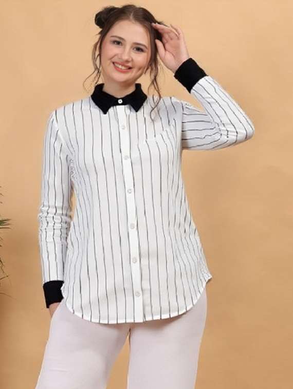 women striped collared long sleeve shirt - 22004477 -  Zoom Image - 0